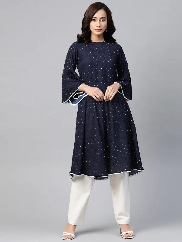 Jompers Women Navy Blue & White Polka Dots Print Bell Sleeves Anarkali Kurta