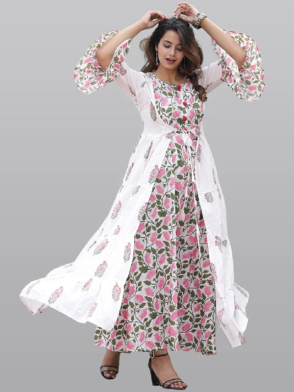 Kalini Women White & Pink Floral Printed Flared Sleeves Floral Anarkali Kurta