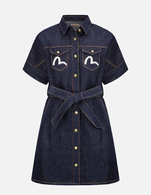 Logo and Floral Embroidery Denim Dress