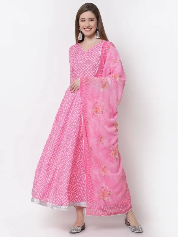 Myshka Pink Color Cotton Blend Printed Anarkali Kurta With Dupatta