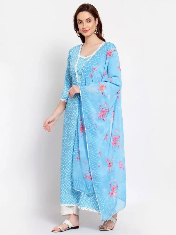 Myshka Women's Blue Printed Cotton Blend 3/4 Sleeve Square Neck Casual Anarkali Kurta Dupatta Set