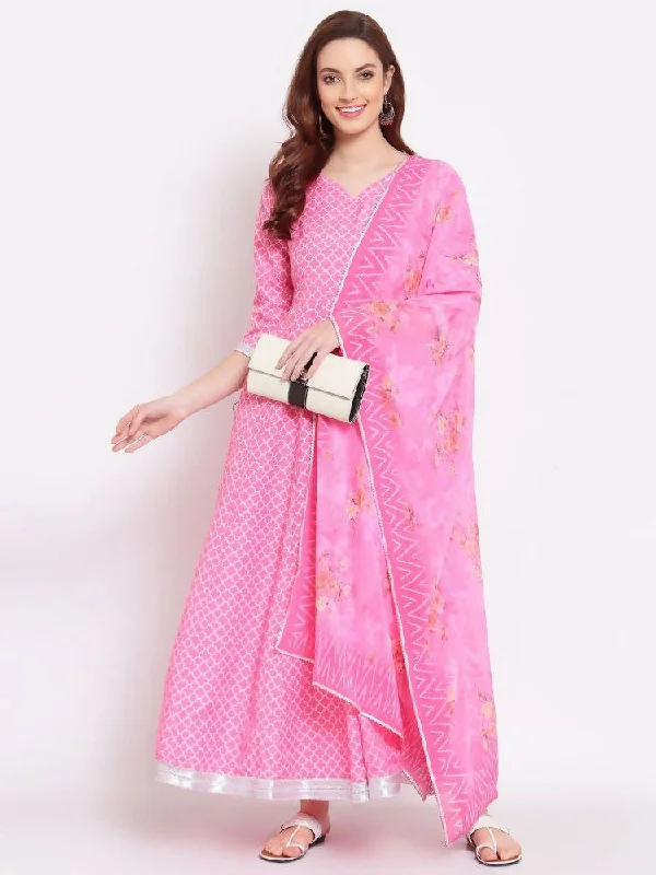 Indian Clothing Myshka Women's Pink Printed Cotton Blend 3/4 Sleeve V Neck Casual Anarkali Kurta Dupatta Set