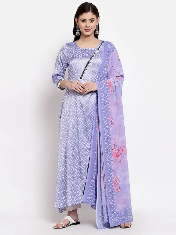 Myshka Women's Purple Silk Printed 3/4 Sleeve Round Neck Casual Anarkali Kurta Dupatta Set