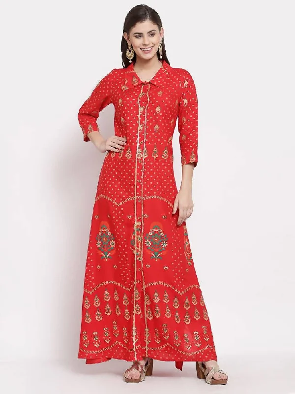 Myshka Women's Red Cotton Printed 3/4 Sleeve Collar Neck Casual Anarkali Kurta