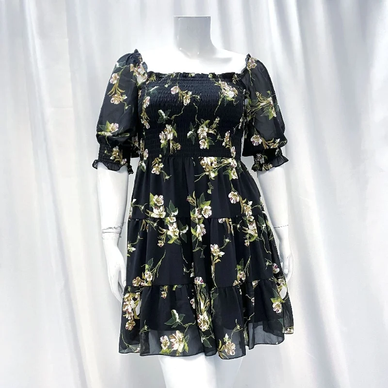 NWT Wmns BALTIC BORN Azlyn Black Floral Tiered Puff Sleeve Above Knee Dress Sz L