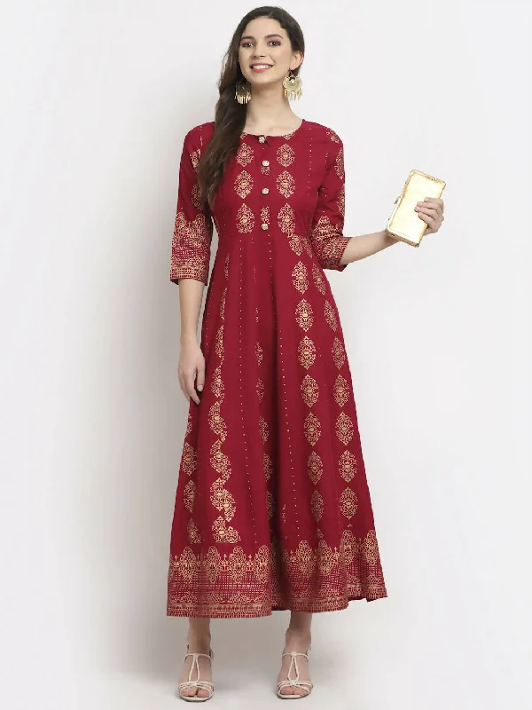 Rudra Bazaar Gold Printed Flared Anarkali Maroon kurti