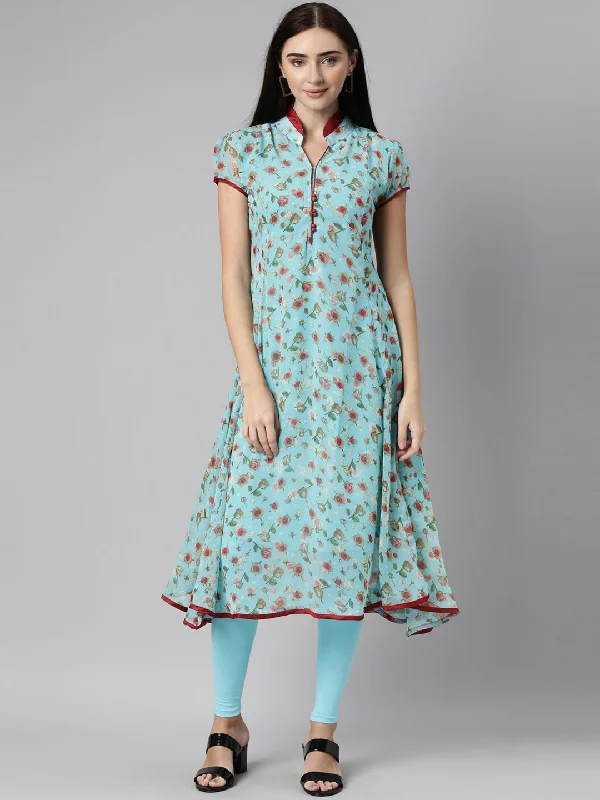 Souchii Blue Floral Printed Floral Anarkali Kurta