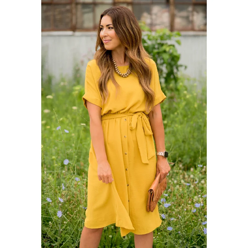 Cuffed Sleeve Tie Button Dress