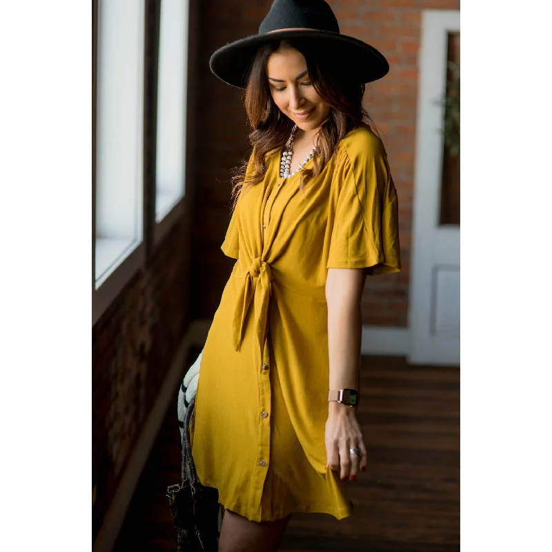 Mustard Front Tie Button Dress