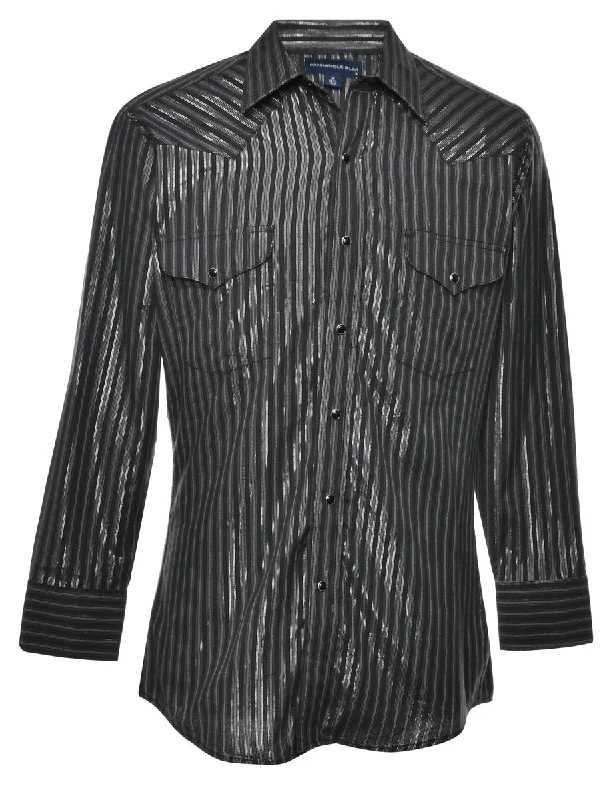 Striped Black & Silver Long Sleeve Western Shirt - M