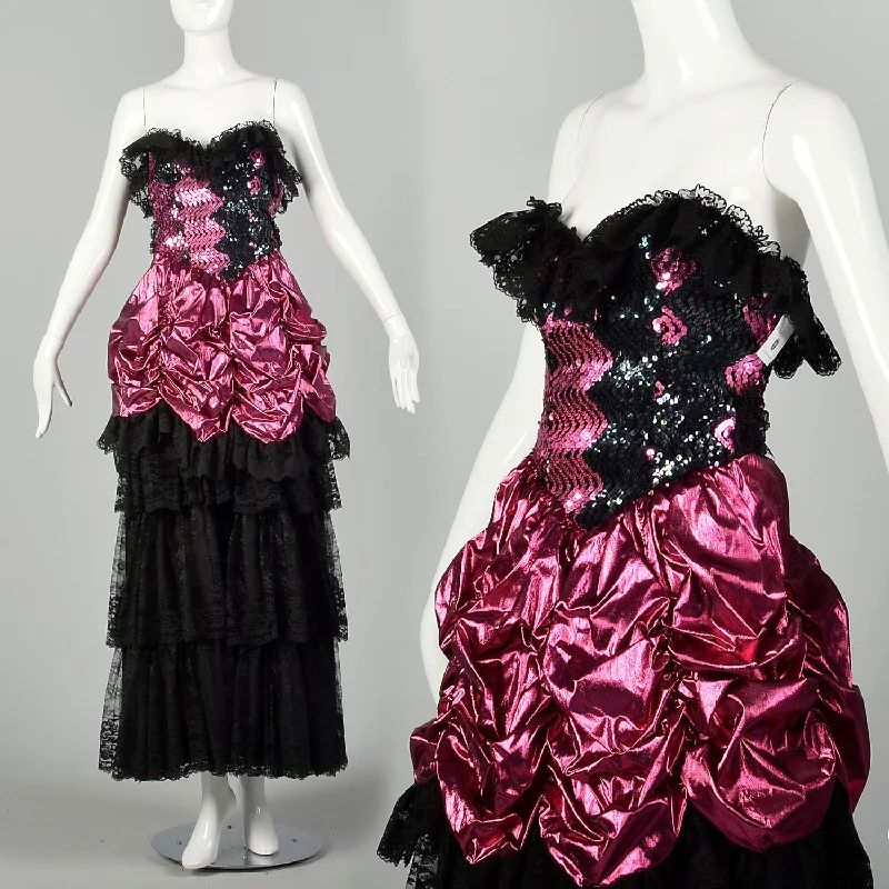 1980s Pink Prom Dress Saloon Girl Strapless Lame Gown Black Lace Sequins