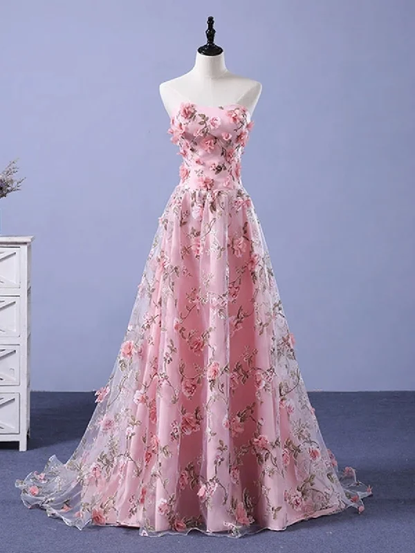 A Line Strapless Open Back 3D Flowers Pink Lace Prom Dresses, Pink Formal Graduation Evening Dresses with 3D Flowers