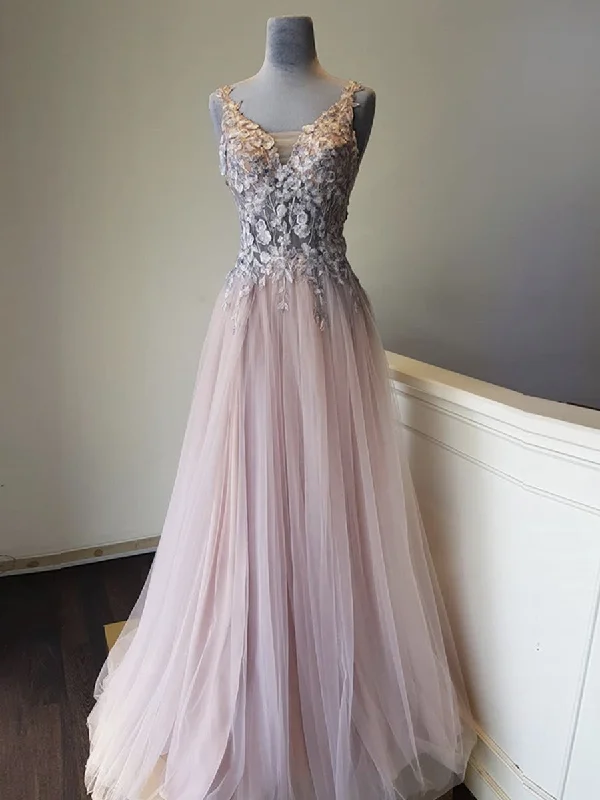 A Line V Neck Appliques Long Pink Lace Prom Dresses, Pink Lace Formal Graduation Evening Dresses