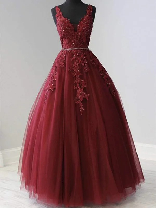 A Line V Neck Burgundy Lace Long Prom Dresses, Burgundy Lace Formal Graduation Evening Dresses