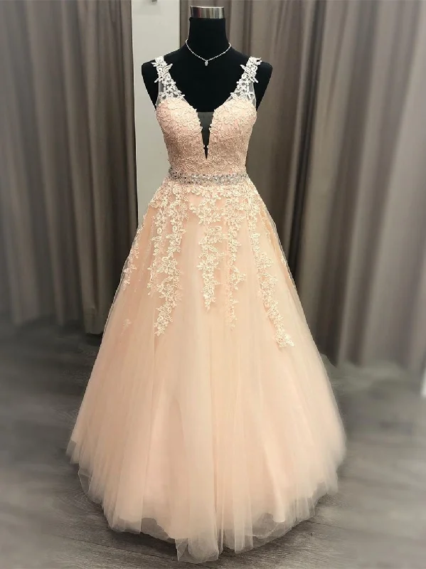 A Line V Neck Pink Lace Long Prom Dresses 2020 with Belt, Pink Lace Formal Graduation Evening Dresses