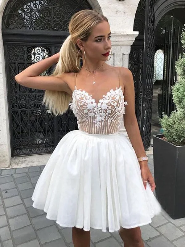 A Line V Neck Short White Lace Prom Dresses with Straps, White Lace Formal Graduation Evening Dresses