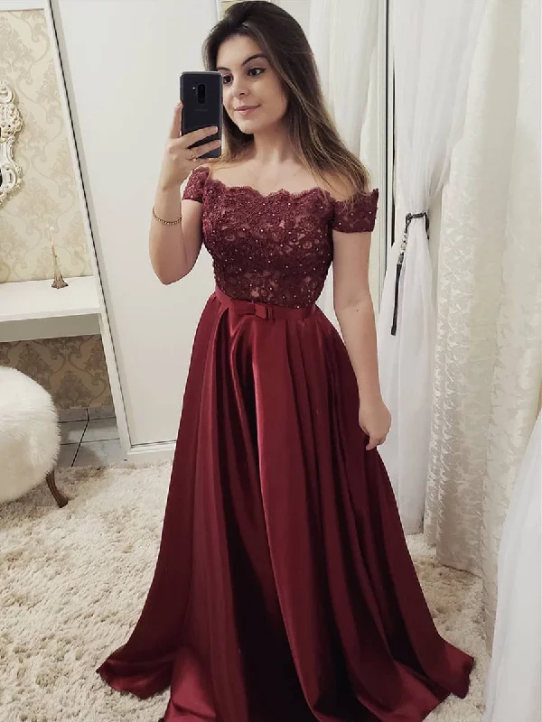 Charming Off Shoulder Burgundy/Green/Blue Lace Long Prom Dresses, Burgundy/Green/Blue Lace Graduation Dresses, Formal Dresses