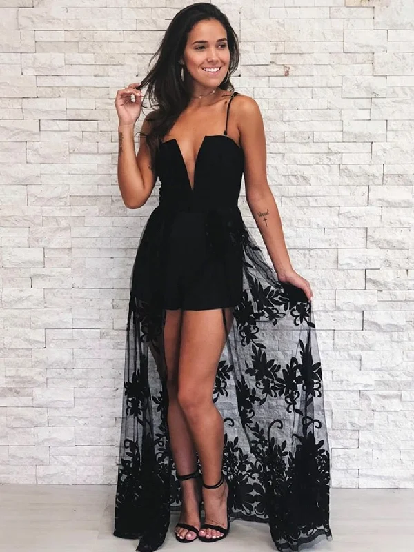 Custom Made A Line V Neck Spaghetti Straps Lace Black Prom Dresses, Black Formal Graduation Evening Dresses