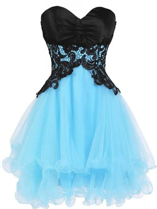 Custom Made Sweetheart Neck Short Blue Prom Dress with Black Lace Flower, Short Blue Homecoming Dress, Graduation Dress