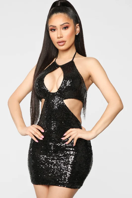 Cut The Lights Sequin Cutout Dress - Black