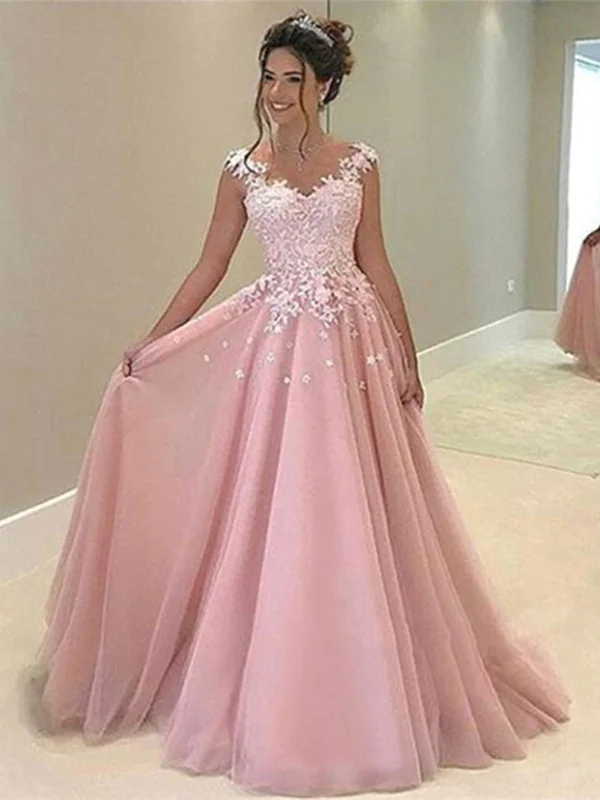 Cute Applique Lace Pink Prom Dresses, Pink Formal Dresses, Pink Evening Dresses