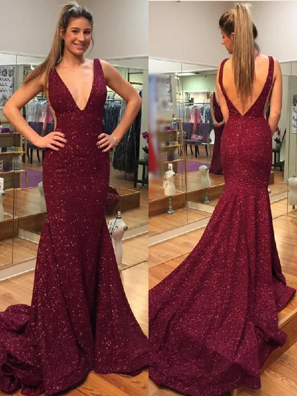 Elegant Burgundy V Neck Mermaid Backless Sequins Long Prom Dresses with Sweep Train, Mermaid Burgundy Formal Dresses, Evening Dresses