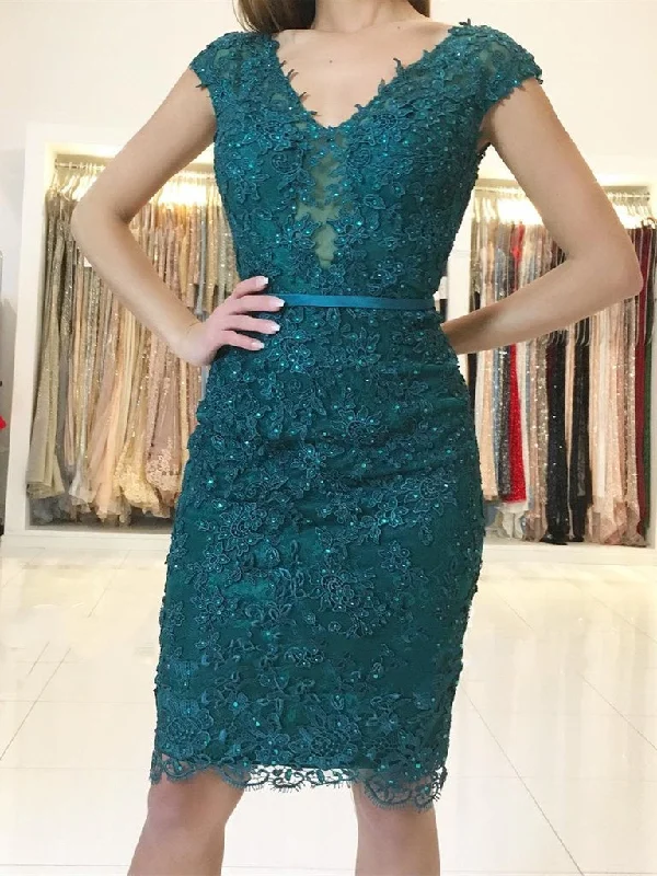 Emerald Green Cap Sleeves Lace Beaded Homecoming Dresses Short Prom Dresses, Green Lace Formal Dresses, Evening Dresses