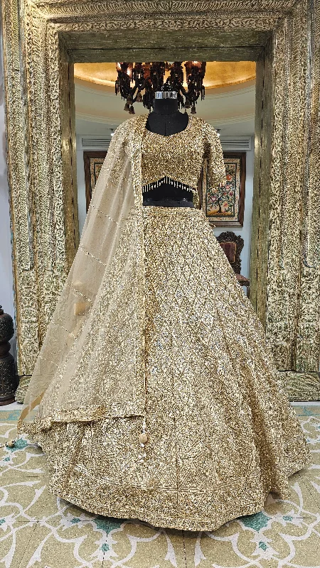 Golden Net Lehenga with Sequins, Zari, Mirror and Beads Work