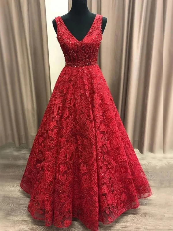 Gorgeous V Neck Long Burgundy Lace Prom Dresses, Burgundy Lace Formal Graduation Evening Dresses