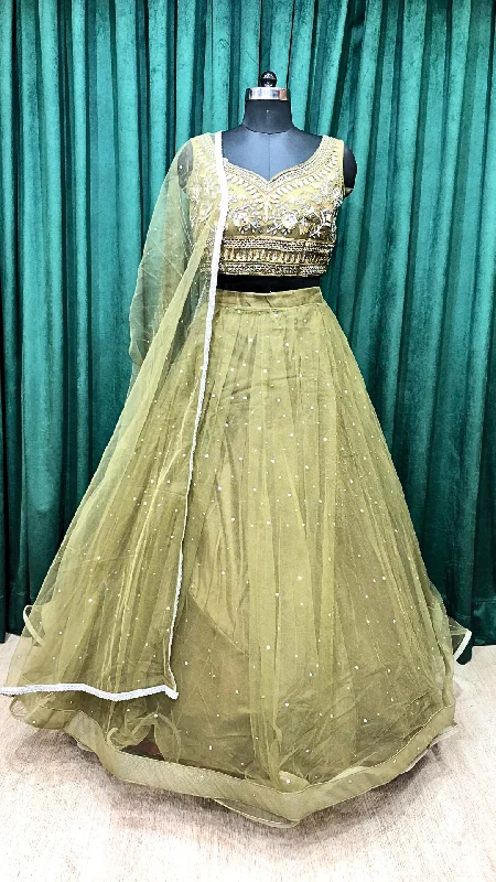 Green Net Lehenga With Sequins and Cut Dana Work