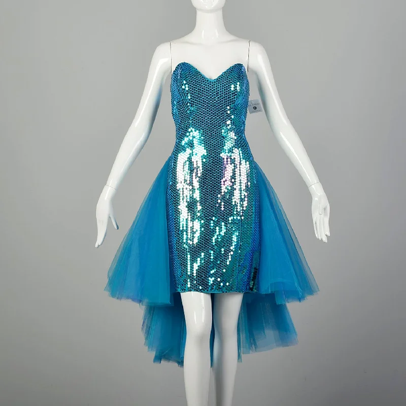 Medium 1980s Dress Strapless Tulle Sequin Teal Bustle Prom Gown Asymmetrical Hem