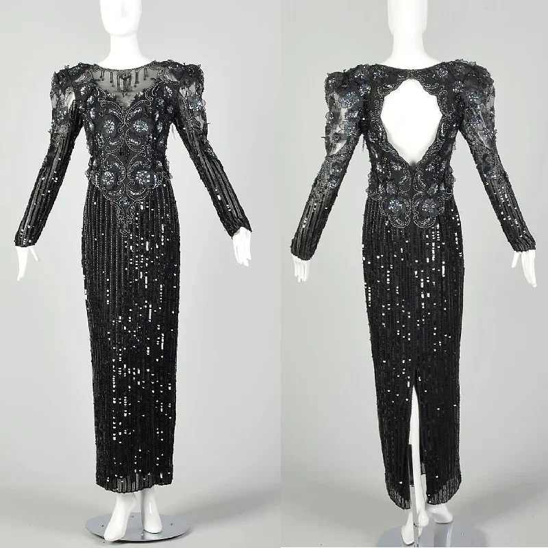 Medium Bellissima Dress 1980s Silk Beaded Sheer Formal Black Sequin Keyhole Back Evening Gown