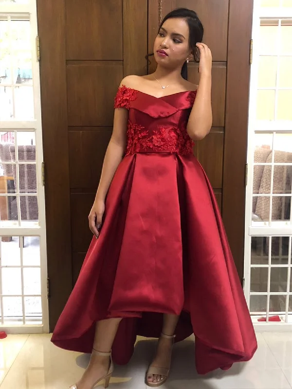 Off Shoulder High Low Satin Lace Burgundy Prom Dresses with Appliques, Burgundy Lace Formal Dresses, Homecoming Dresses, Graduation Dresses