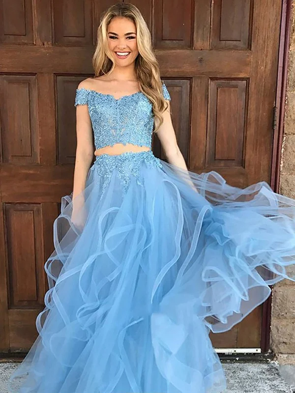 Off Shoulder Two Pieces Lace Blue Prom Dress, Off Shoulder Prom Gown, Blue Evening Dress