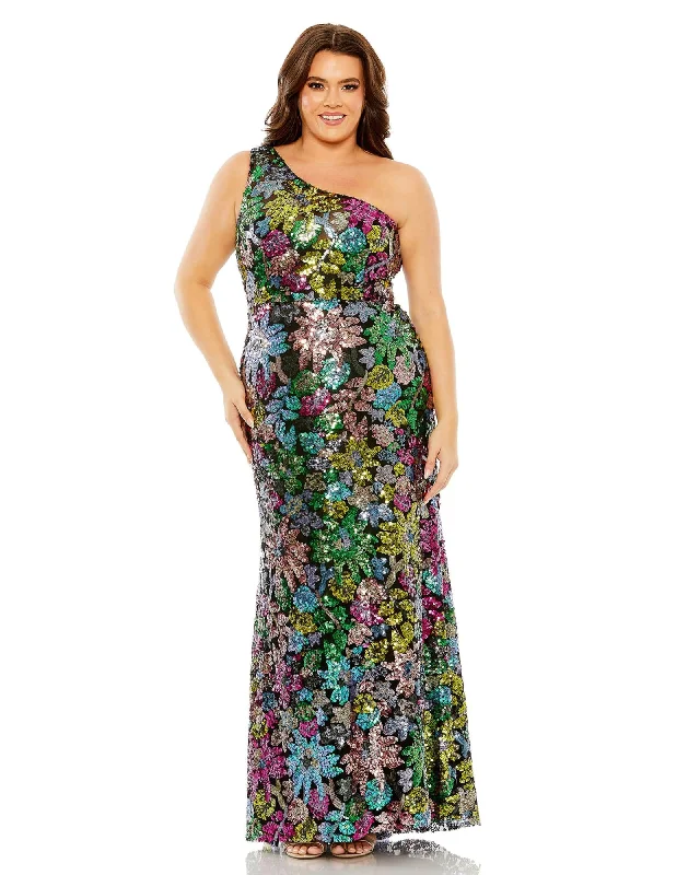 One Shoulder Floral Sequin Gown | Black Multi