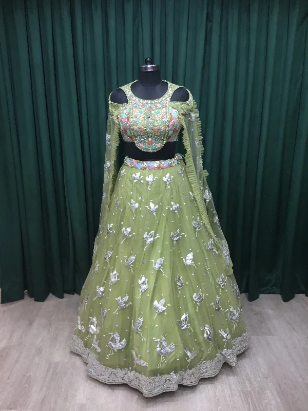 Pista Green Net Lehenga With Sequins and Multi Resham