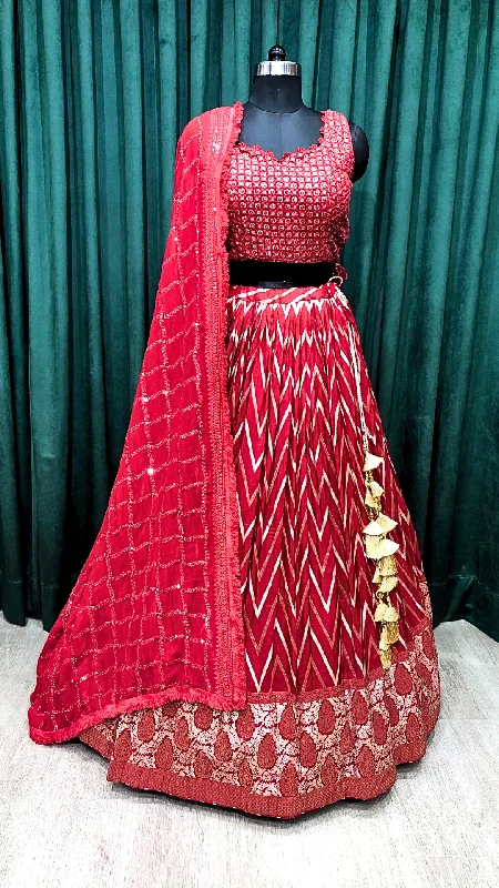 Red Banarasi Silk Lehenga With Chicken and Sequins