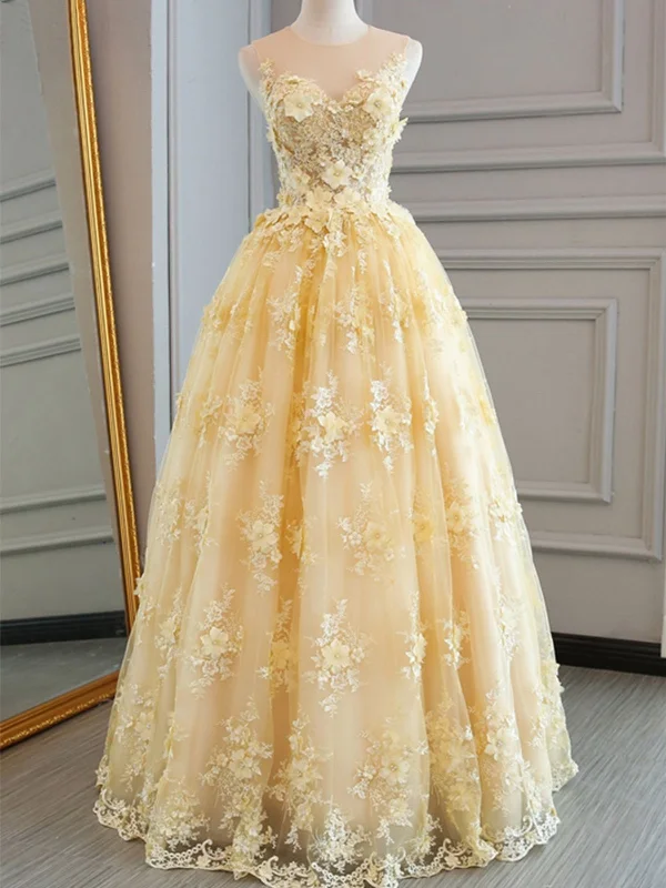 Round Neck Appliques Yellow Lace Prom Dresses, Yellow Lace Formal Dresses, Yellow Evening Dresses