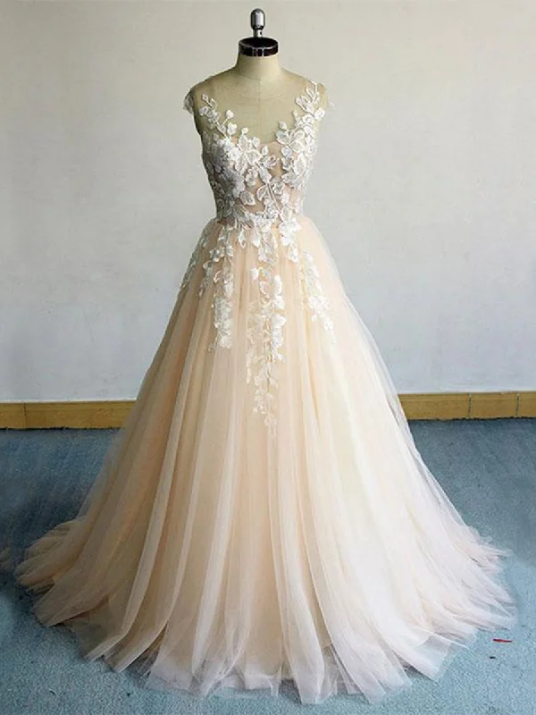 Round Neck Champagne Lace Long Prom Dresses, Champagne Lace Formal Dresses, Champagne Evening Dresses