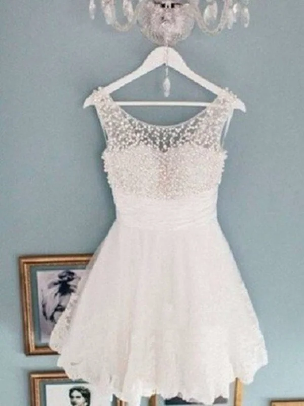 Round Neck White Short Lace Prom Dresses, White Short Lace Homecoming Dresses/Graduation Dress