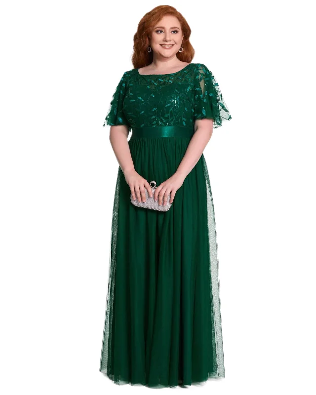 Sequin Leaf Floor-length Evening Dress | Dark Green