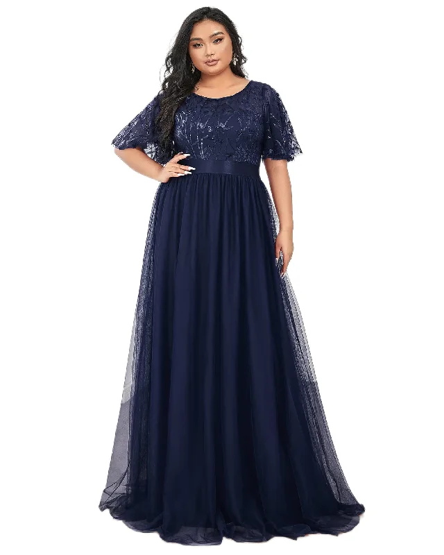 Sequin Leaf Floor-length Evening Dress | Navy Blue