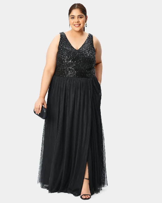 Sequin mesh and tulle vented dress | Black