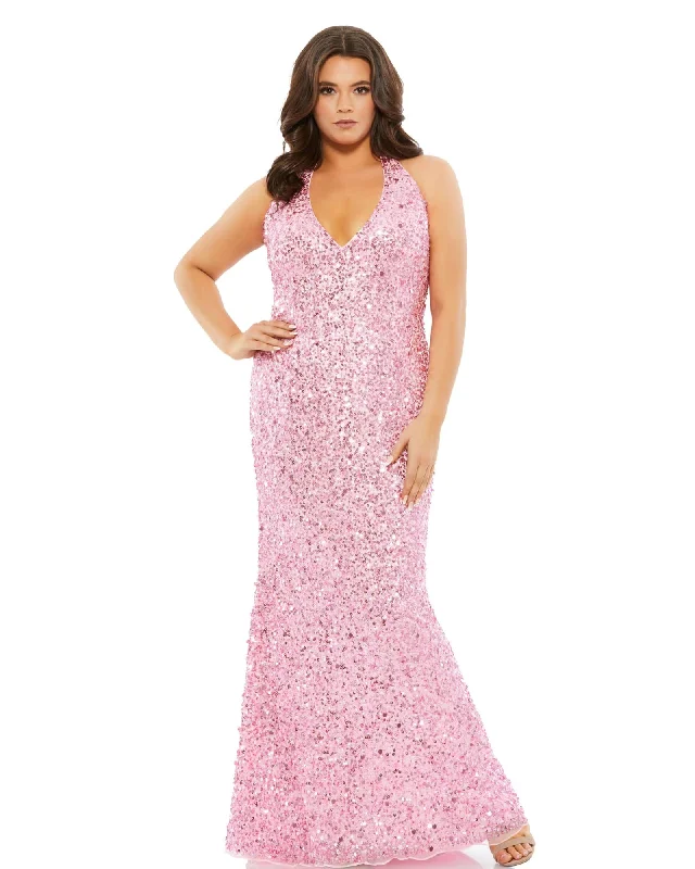 Sequined Halter Strap Open Back Trumpet Gown | Ice Pink