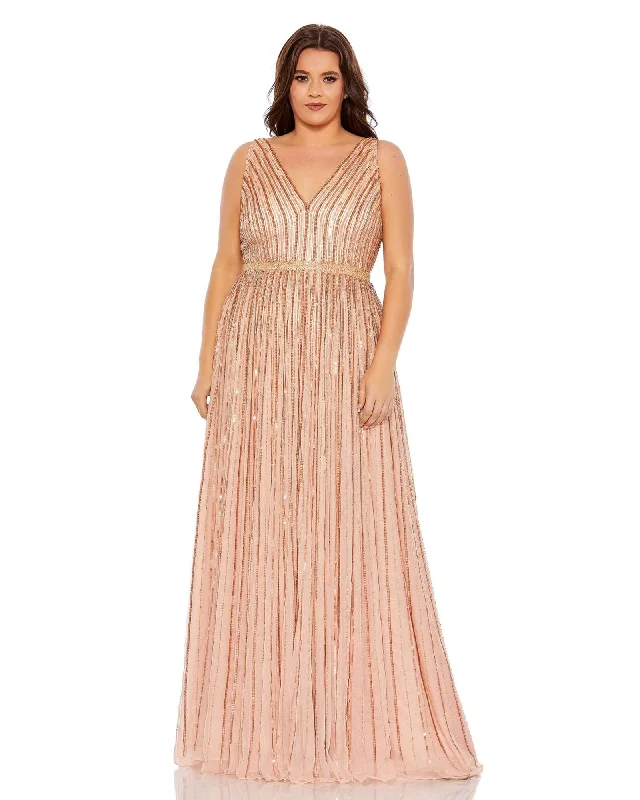 Sequined Striped Sleeveless V Neck A Line Gown | Apricot