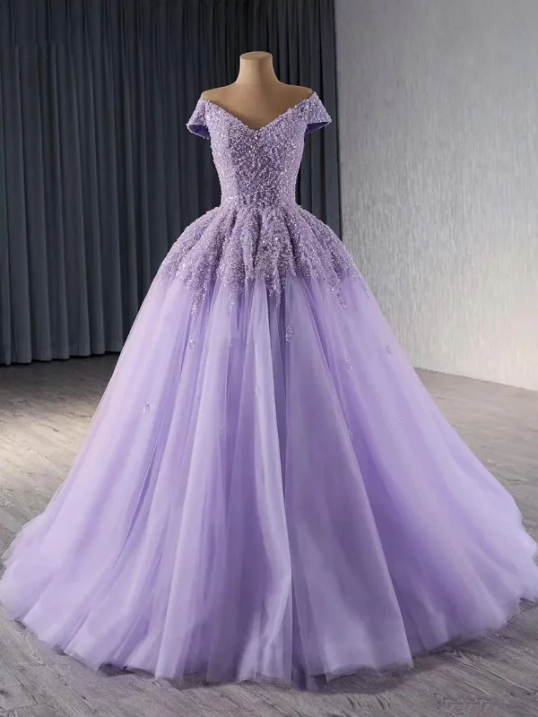 Shiny Off Shoulder Purple Sequins Long Prom Dresses, Off the Shoulder Formal Dresses, Purple Evening Dresses with Sequins Top SP3046