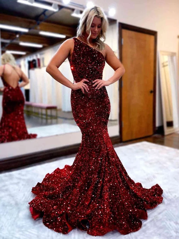 Shiny Sequins One Shoulder Mermaid Backless Burgundy Long Prom Dresses, Mermaid Burgundy Formal Dresses, Burgundy Evening Dresses SP2230