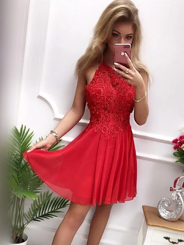 Short Gray/Red Lace Prom Dresses, Short High Neck Gray/Red Lace Formal Homecoming Dresses