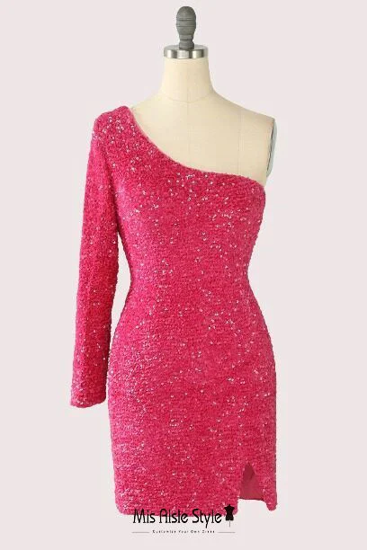 Short Single Sleeve Fuchsia Sequins Pageant Dress