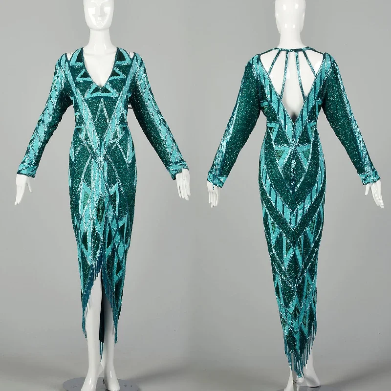 Large 1980s Bob Mackie Gown Bugle Beads Sequins Caged Back Hi Low Beaded Fringe Hem